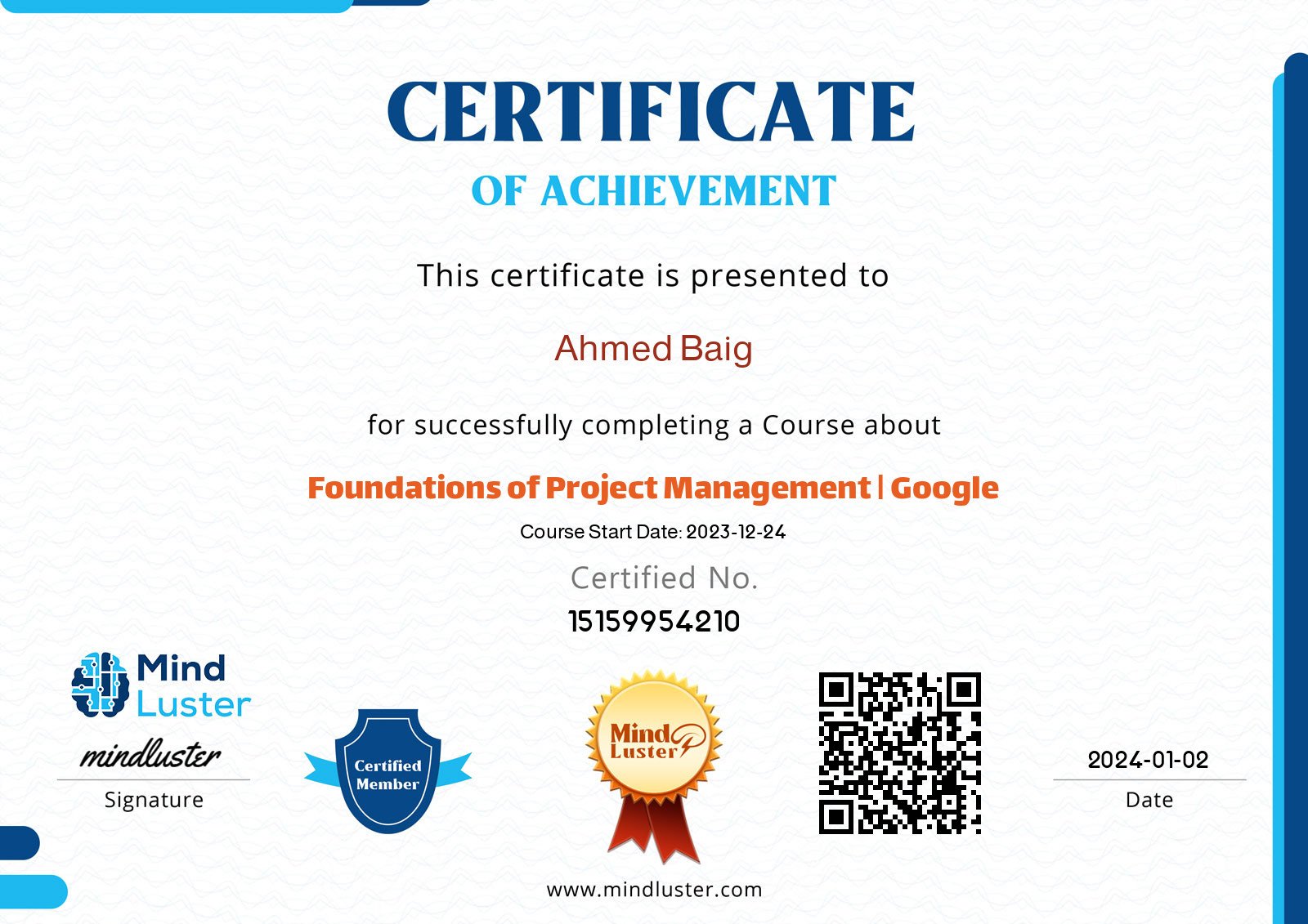 Ahmed Baig-Foundations of Project Management | Google - Mind Luster