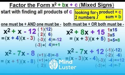 Learn Algebra Ch 6 Factoring 24 Of 55 Factoring The Form X 2 Bx C Mixed ...